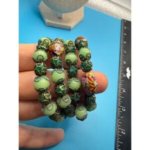 Vintage Green Glass Bead Memory Wire Wrap Bracelet Millefiori Filigree Boho Coil